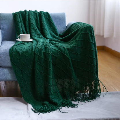 Diamond Knit Throw Blanket with Tassels | Boho Woven Acrylic Blanket