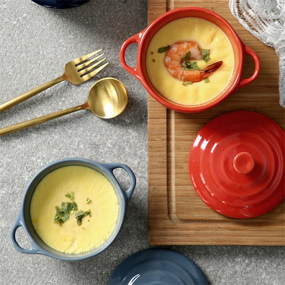 Ceramic Double Ear Bowl with Lid — Glazed Baking Bowl for Steamed Eggs, Soup & Pudding