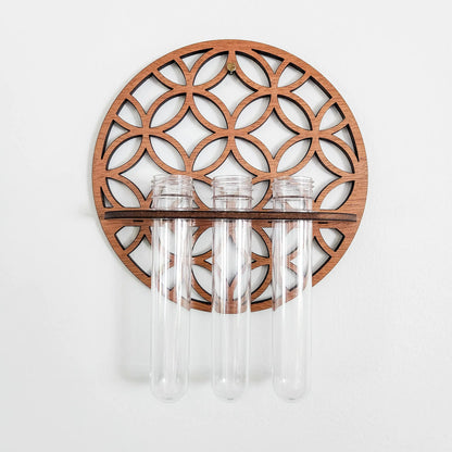 Wooden Circle Wall Planter with 3 Test Tubes — Indoor Plant Propagation Station & Hanging Vase Rack