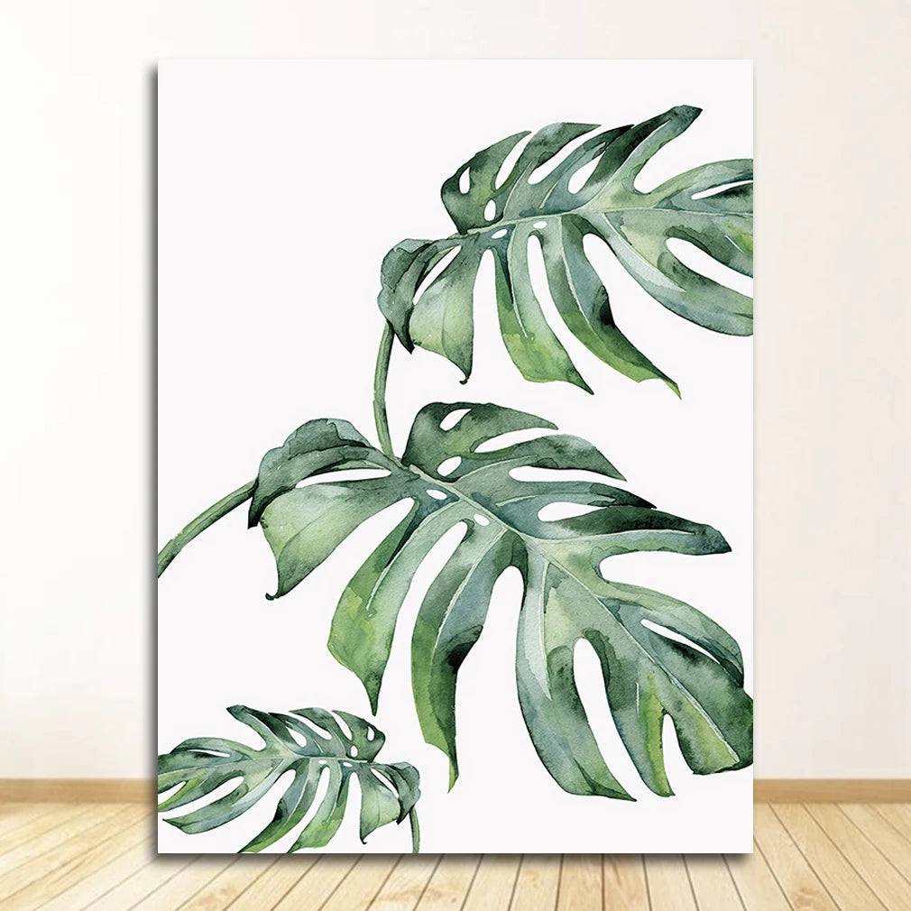 Scandinavian Tropical Leaves Canvas Poster — Unframed Green Botanical Wall Art in 11 Sizes
