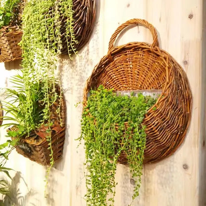 Handmade Wicker Rattan Wall Planter Basket — Natural Hanging Flower Pot for Indoor & Outdoor Garden Decor