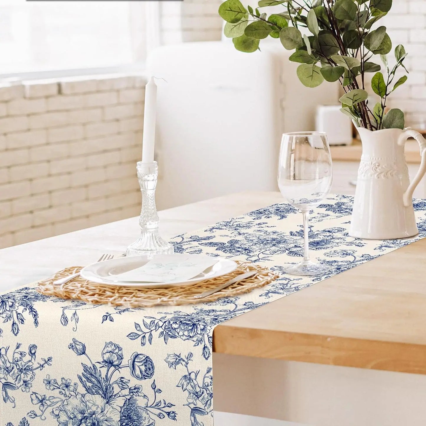 Chinoiserie Blue Flower Table Runner — Reusable Printed Linen-Look Runner for Dining & Holiday Decor