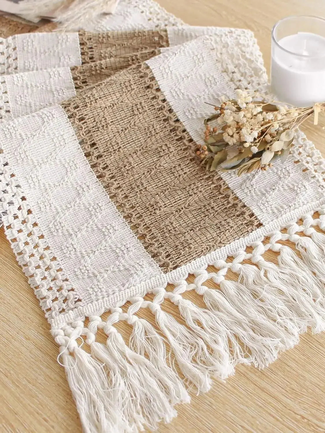 Macrame Tassel Table Runner — Cream & Brown Boho Farmhouse Table Runner in 11 Sizes