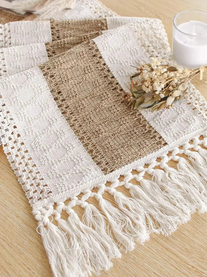 Macrame Tassel Table Runner — Cream & Brown Boho Farmhouse Table Runner in 11 Sizes