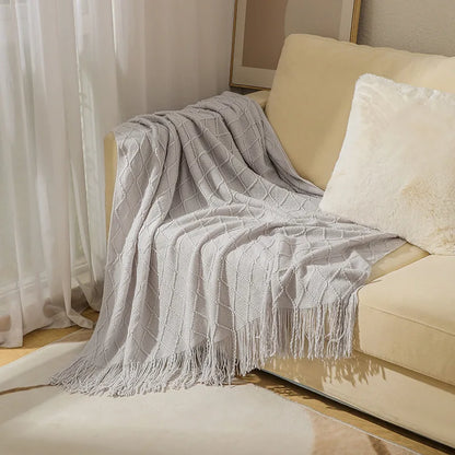Diamond Knit Throw Blanket with Tassels | Boho Woven Acrylic Blanket