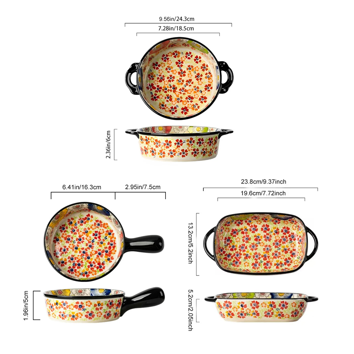 Hand-Painted Floral Porcelain Baking Dish Set — Oven Safe Au Gratin Dish with Handles in 3 Designs