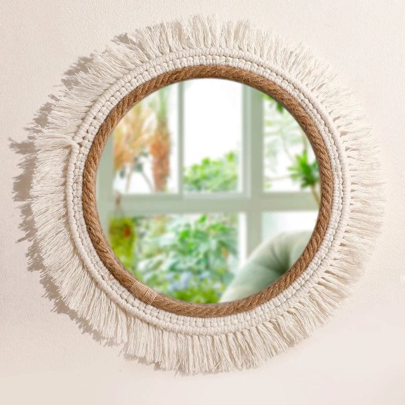 Bohemian Woven Round Wall Mirror — Handmade Boho Decorative Mirror in 3 Sizes