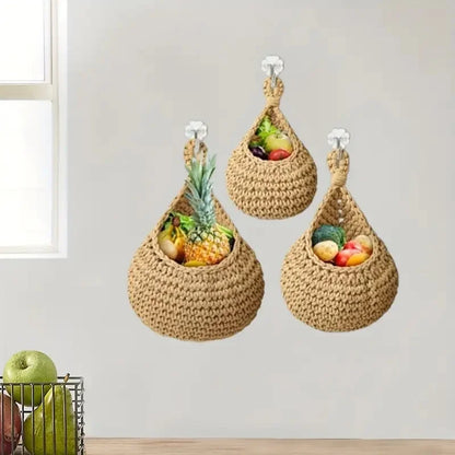 Handwoven Hanging Wall Basket — Natural Plant Fiber Fruit, Vegetable & Plant Organizer