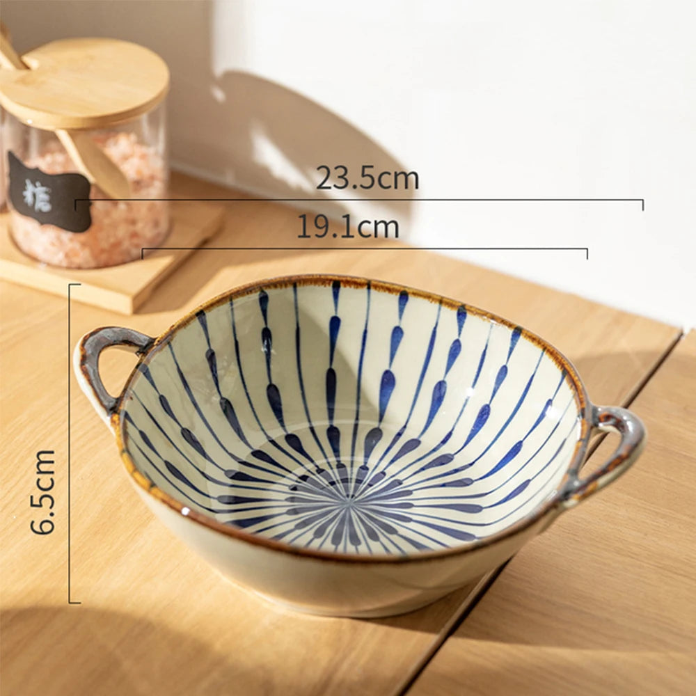 Japanese Ceramic Bowl with Handle — 7.5" Floral Soup, Noodle & Salad Bowl