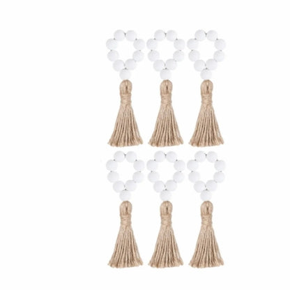 Farmhouse Wooden Bead Napkin Rings — Set of 6 with Tassel String | Handmade Table Decor