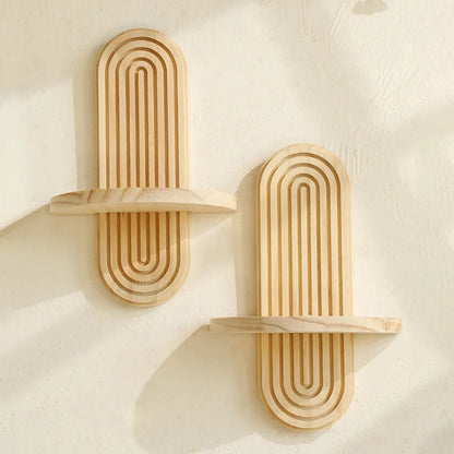 Boho Geometric Wooden Wall Shelf — Natural Finish Plant & Decorative Display Shelf, Single or 2-Layer