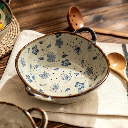Japanese Ceramic Bowl with Handle — 7.5" Floral Soup, Noodle & Salad Bowl