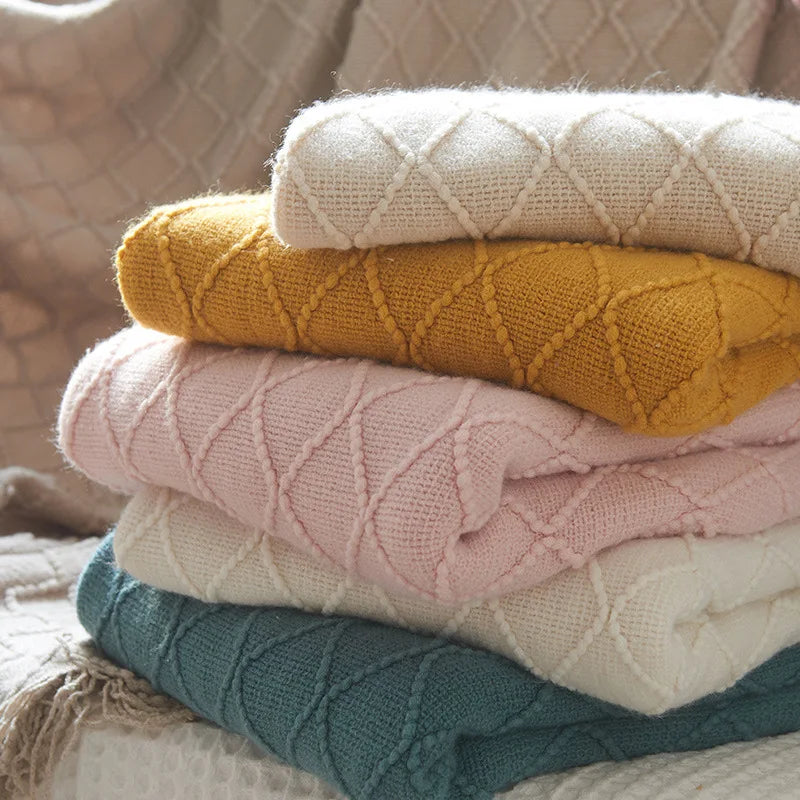 Diamond Knit Throw Blanket with Tassels | Boho Woven Acrylic Blanket
