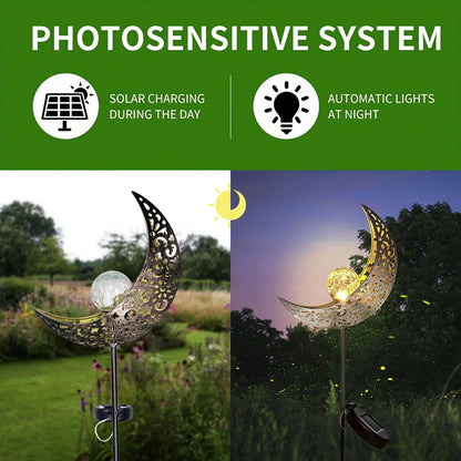 Solar Moon Fairy Garden Stake Light — Crackle Glass Warm White LED Outdoor Decor