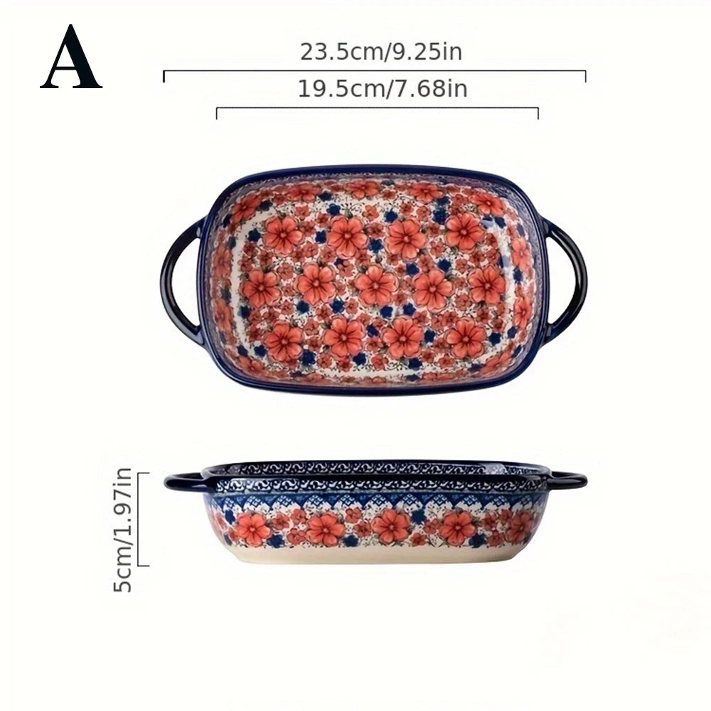 Hand-Painted Floral Ceramic Roasting Pan with Handles — Oven-Safe Casserole & Baking Dish