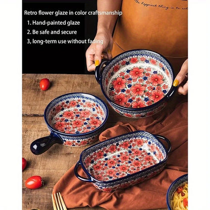 Hand-Painted Floral Ceramic Roasting Pan with Handles — Oven-Safe Casserole & Baking Dish