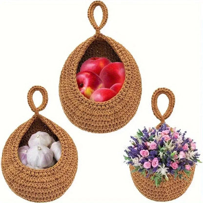 Handwoven Hanging Wall Basket — Natural Plant Fiber Fruit, Vegetable & Plant Organizer
