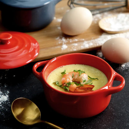 Ceramic Double Ear Bowl with Lid — Glazed Baking Bowl for Steamed Eggs, Soup & Pudding