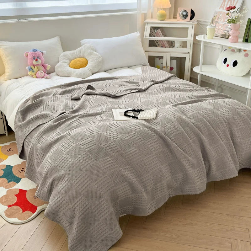 100% Cotton Waffle Knit Throw Blanket — Soft Breathable Sofa & Bed Throw