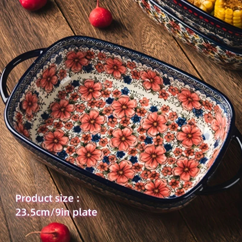 Hand-Painted Floral Ceramic Roasting Pan with Handles — Oven-Safe Casserole & Baking Dish