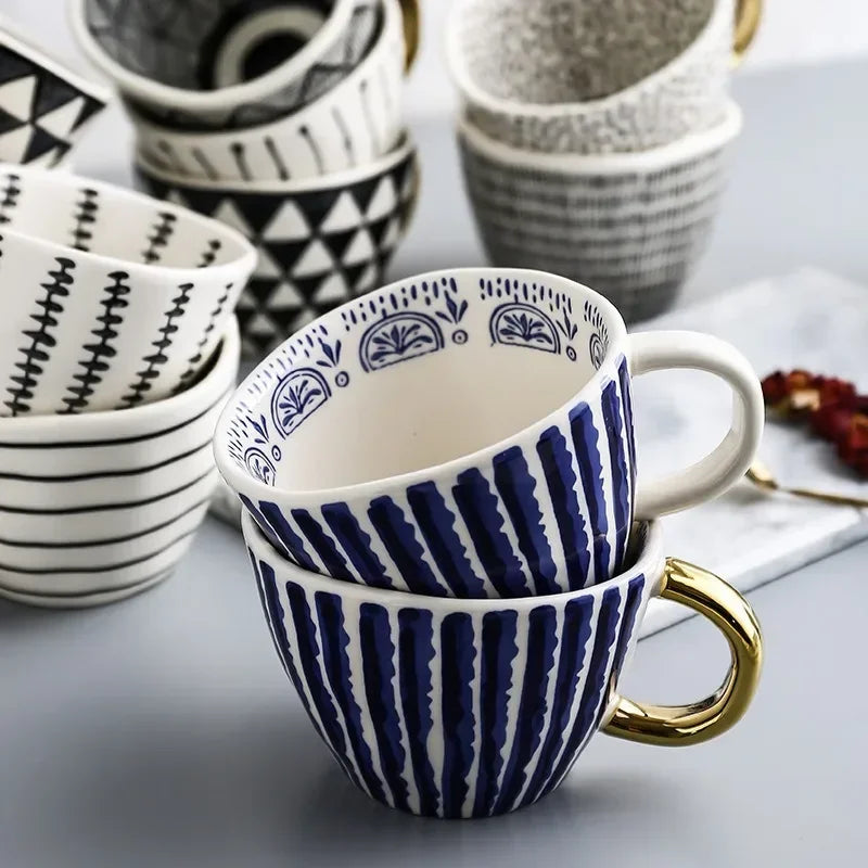 Hand-Painted Geometric Ceramic Mug with Gold Handle — Handmade Irregular Cup for Coffee & Tea