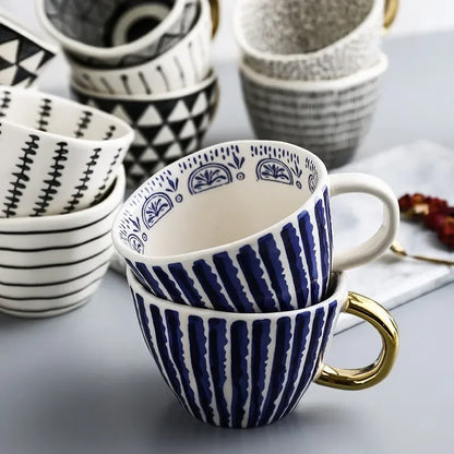 Hand-Painted Geometric Ceramic Mug with Gold Handle — Handmade Irregular Cup for Coffee & Tea