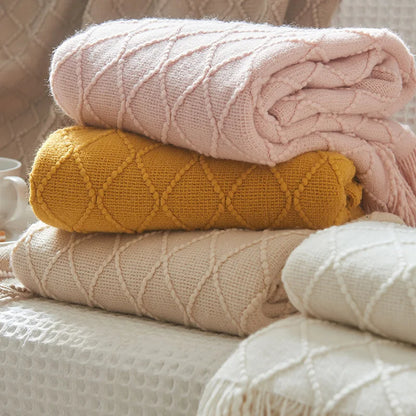 Diamond Knit Throw Blanket with Tassels | Boho Woven Acrylic Blanket
