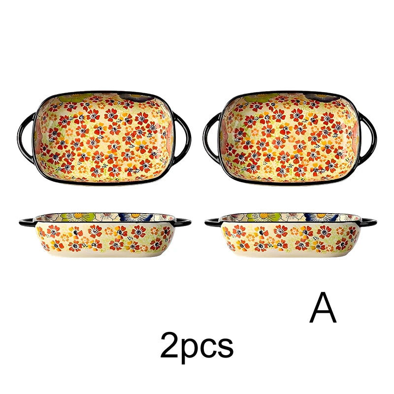Hand-Painted Floral Porcelain Baking Dish Set — Oven Safe Au Gratin Dish with Handles in 3 Designs