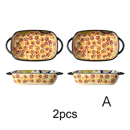 Hand-Painted Floral Porcelain Baking Dish Set — Oven Safe Au Gratin Dish with Handles in 3 Designs