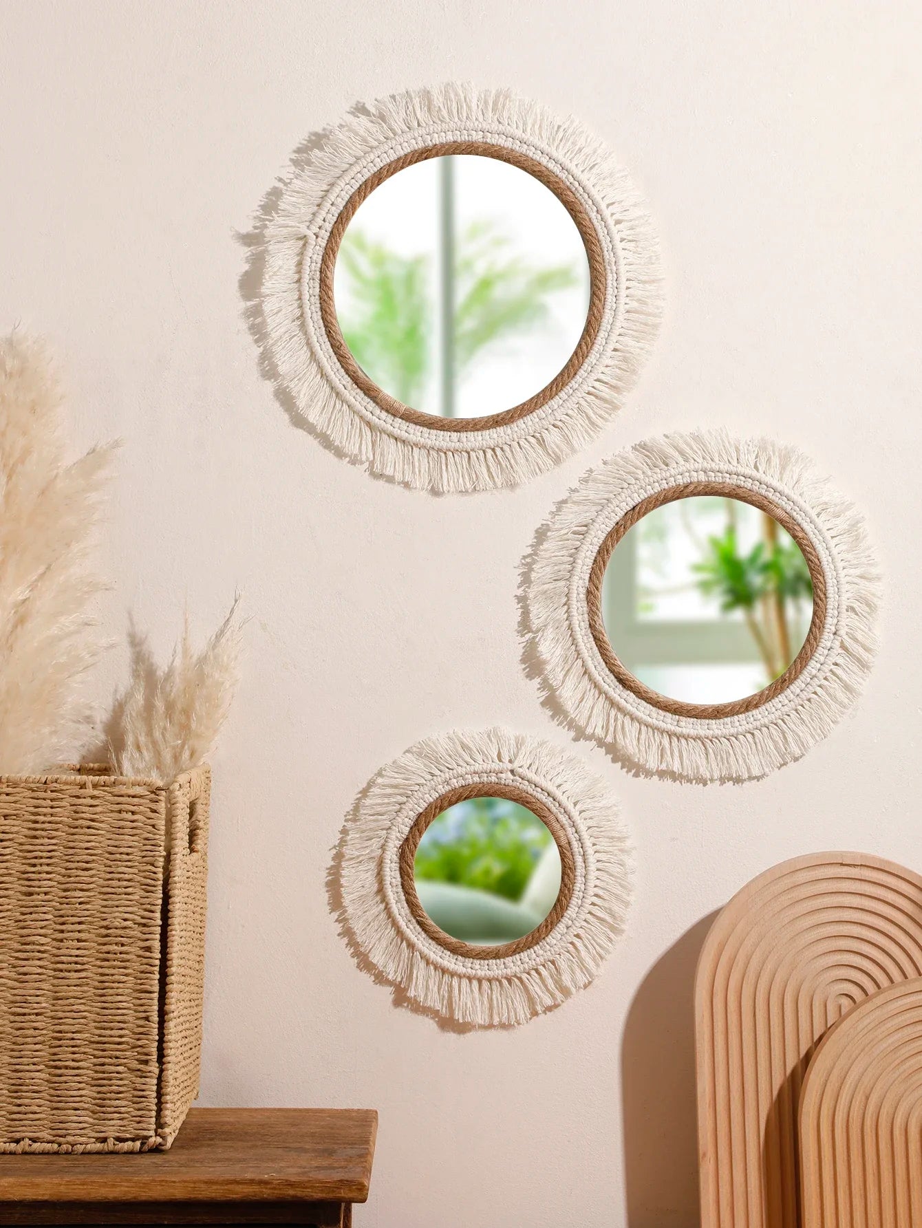 Bohemian Woven Round Wall Mirror — Handmade Boho Decorative Mirror in 3 Sizes