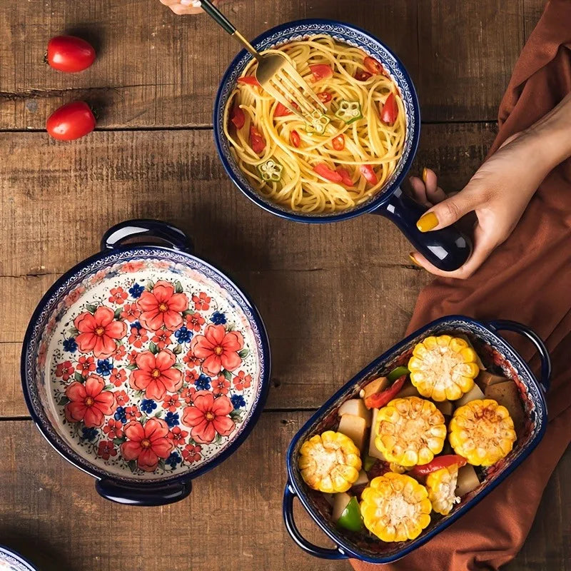 Hand-Painted Floral Ceramic Roasting Pan with Handles — Oven-Safe Casserole & Baking Dish