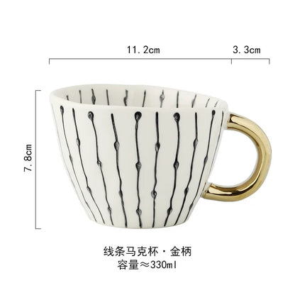Hand-Painted Geometric Ceramic Mug with Gold Handle — Handmade Irregular Cup for Coffee & Tea
