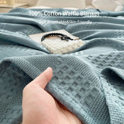 100% Cotton Waffle Knit Throw Blanket — Soft Breathable Sofa & Bed Throw
