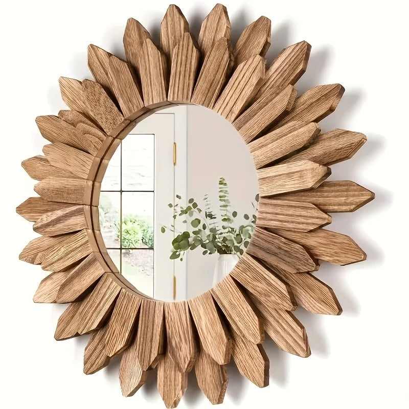 Bohemian Sunflower Wall Mirror — 30cm Wooden Decorative Mirror for Bedroom & Living Room