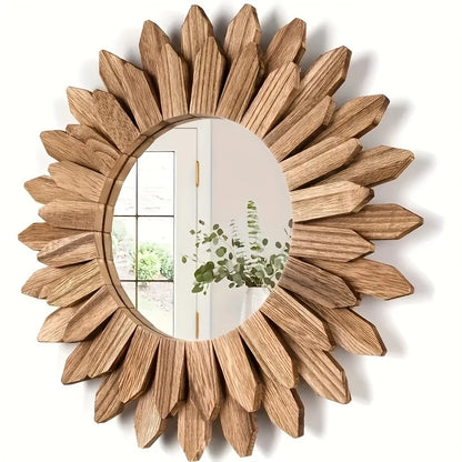 Bohemian Sunflower Wall Mirror — 30cm Wooden Decorative Mirror for Bedroom & Living Room