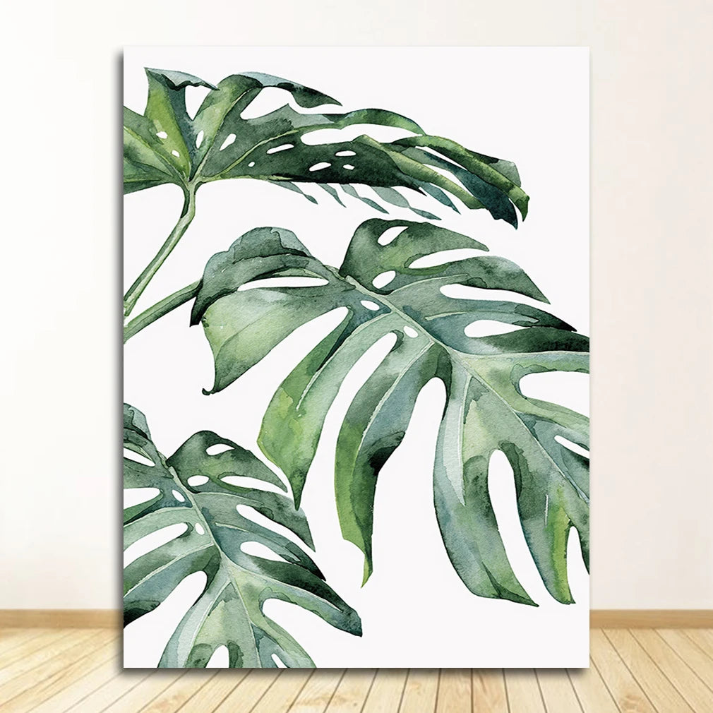 Scandinavian Tropical Leaves Canvas Poster — Unframed Green Botanical Wall Art in 11 Sizes
