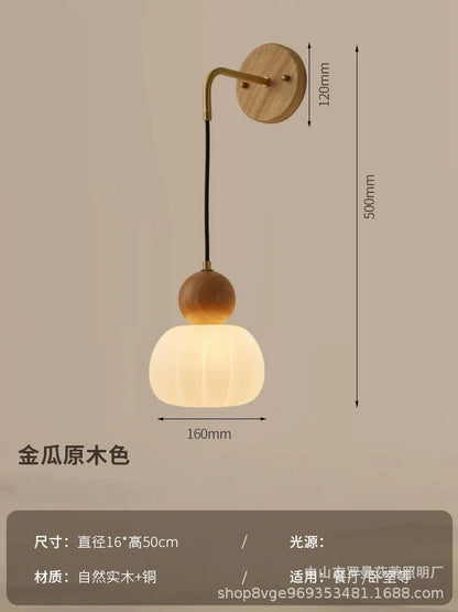 Japanese Retro Copper Wall Lamp — Walnut Wood & Frosted Glass Sconce for Bedroom & Hallway