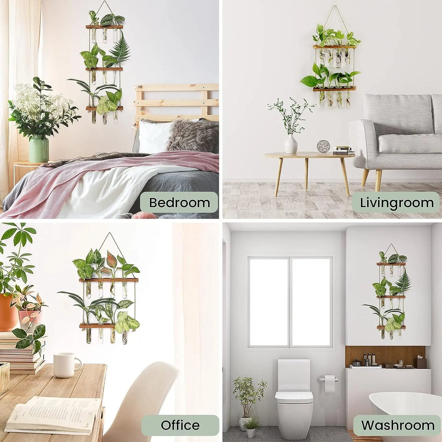 Wall Hanging Glass Test Tube Planter — 2-Layer Wooden Stand Hydroponic Vase & Plant Terrarium