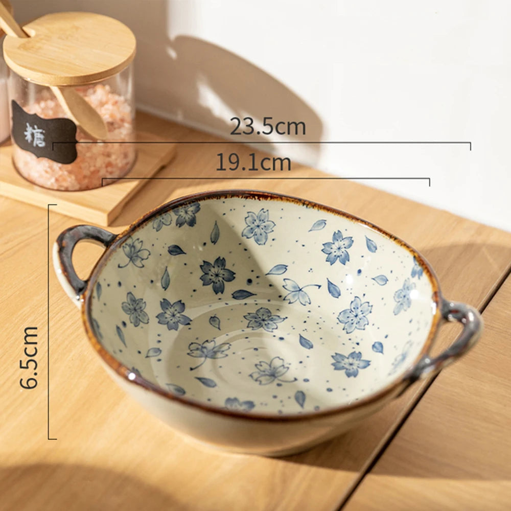 Japanese Ceramic Bowl with Handle — 7.5" Floral Soup, Noodle & Salad Bowl