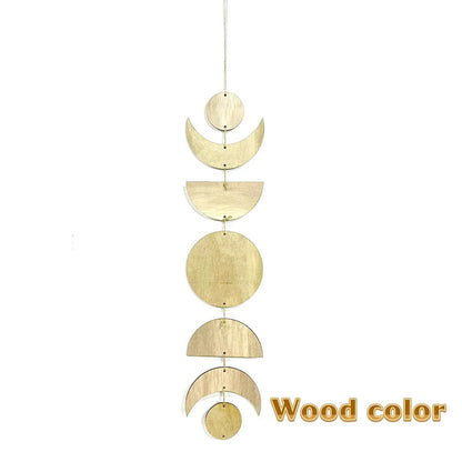 Bohemian Wooden Moon Pendant Wall Hanging — Natural Wood Boho Room Decor