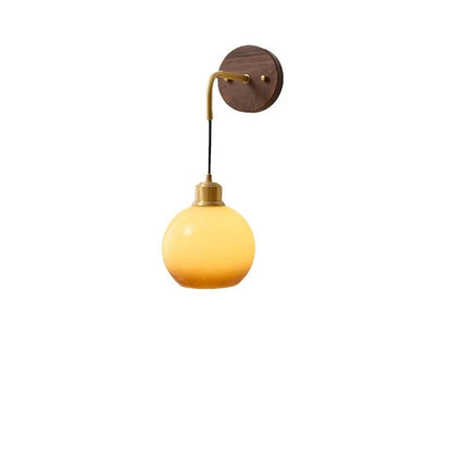Japanese Retro Copper Wall Lamp — Walnut Wood & Frosted Glass Sconce for Bedroom & Hallway