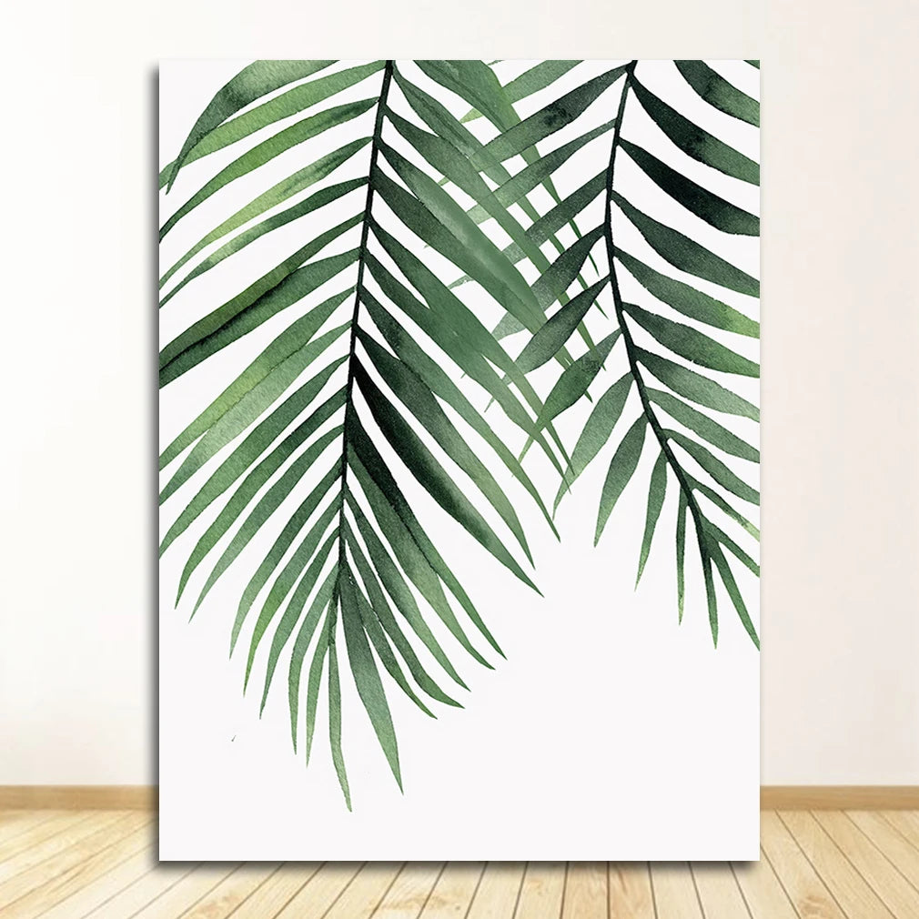 Scandinavian Tropical Leaves Canvas Poster — Unframed Green Botanical Wall Art in 11 Sizes