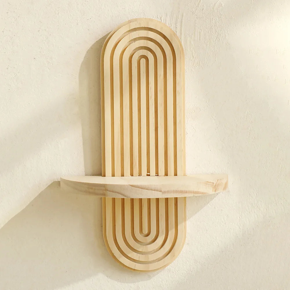 Boho Geometric Wooden Wall Shelf — Natural Finish Plant & Decorative Display Shelf, Single or 2-Layer