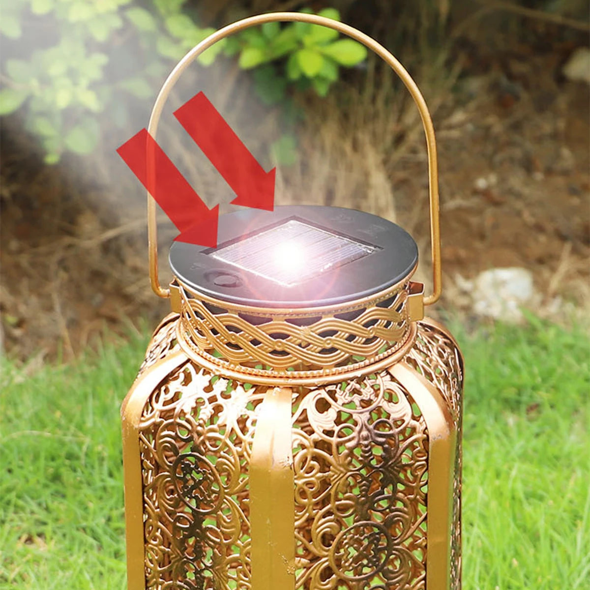 Retro Solar Hanging Lantern — Hollow Iron Outdoor Garden Light for Patio & Yard