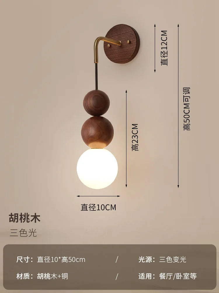 Japanese Retro Copper Wall Lamp — Walnut Wood & Frosted Glass Sconce for Bedroom & Hallway