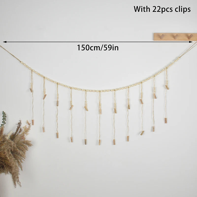Boho Photo Display Wall Hanging — Wooden Bead & Hemp Rope Macrame with Clips