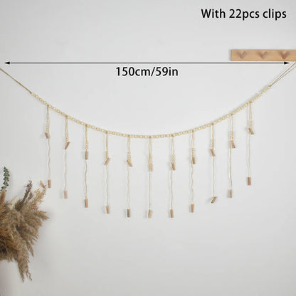 Boho Photo Display Wall Hanging — Wooden Bead & Hemp Rope Macrame with Clips