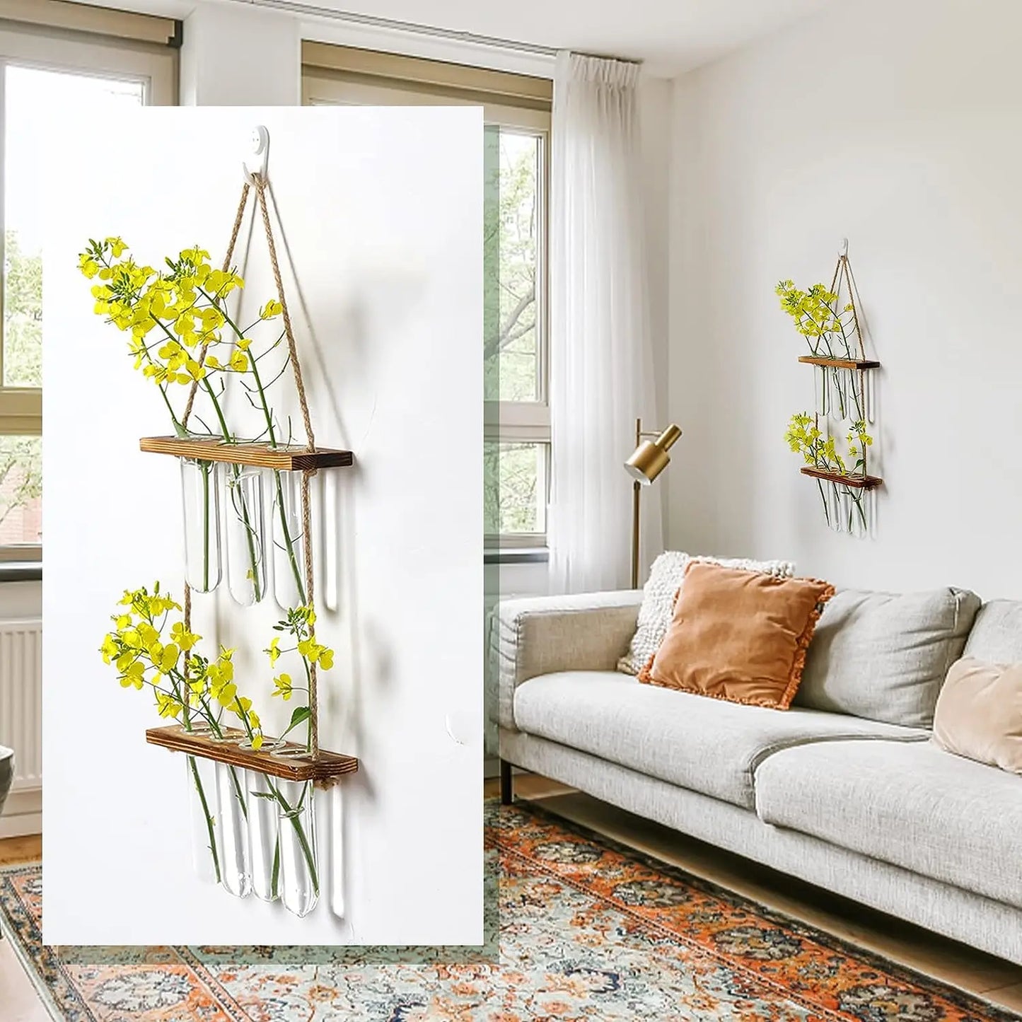 Wall Hanging Glass Test Tube Planter — 2-Layer Wooden Stand Hydroponic Vase & Plant Terrarium