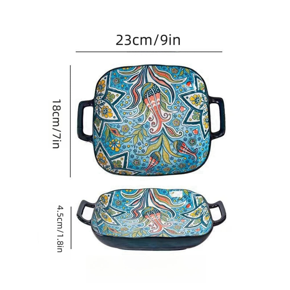 Bohemian Double Ear Ceramic Salad Plate — 9-Inch Square Pasta Dish, Oven & Microwave Safe in 8 Colors