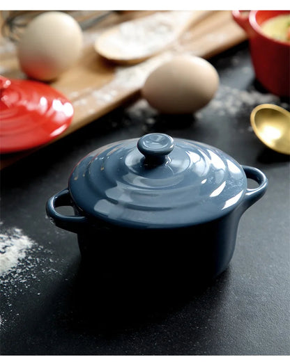 Ceramic Double Ear Bowl with Lid — Glazed Baking Bowl for Steamed Eggs, Soup & Pudding